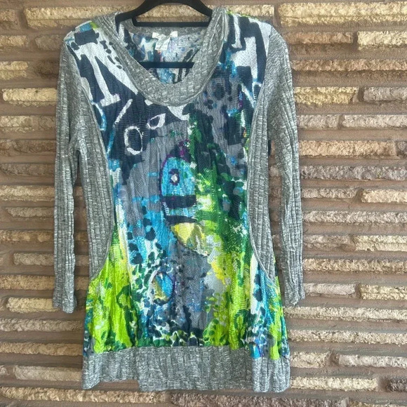 Elysee 26 Bold Green Blue Gray Print Hooded Long Sleeve Sweater Size Large - Picture 10 of 10